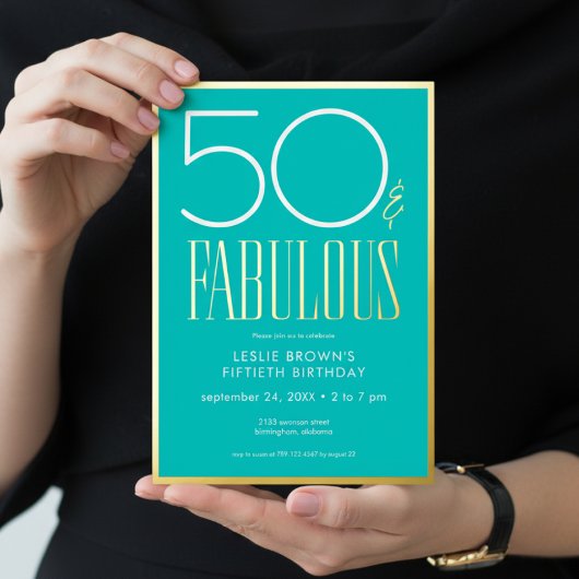 Modern Minimal Aqua Fifty & Fabulous Birthday Folieneinladung