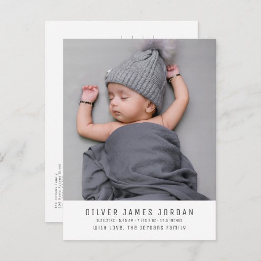 Modern Minimal Baby Boy Birth Announcement Photo Postkarte (Vorne/Hinten)