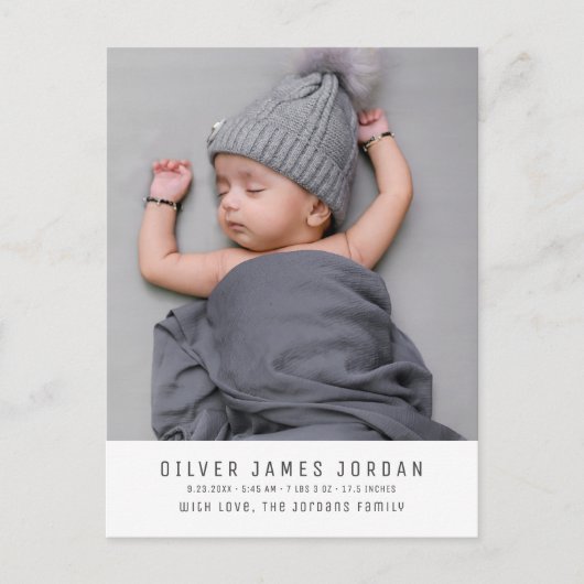 Modern Minimal Baby Boy Birth Announcement Photo Postkarte (Vorderseite)