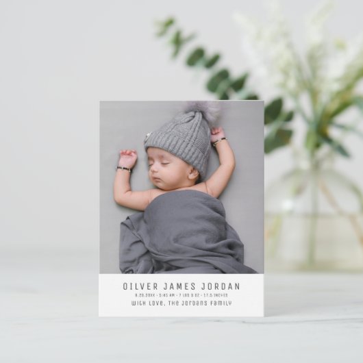 Modern Minimal Baby Boy Birth Announcement Photo Postkarte (Stehend Vorderseite)