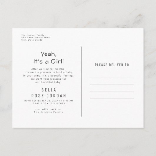 Modern Minimal Baby Girl Birth Announcement Photo Postkarte (Rückseite)
