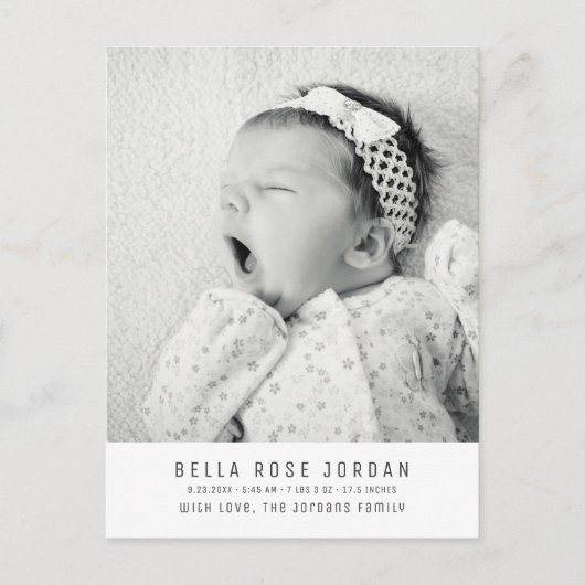 Modern Minimal Baby Girl Birth Announcement Photo Postkarte (Vorderseite)