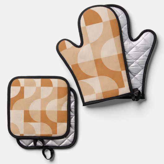 Modern Minimal Beige Retro Geometric Oven Mitt Ofenhandschuh & Topflappen-Set (Vorderseite/Rückseite)