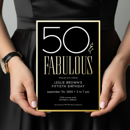Modern Minimal Black Fifty & Fabulous Birthday Folieneinladung