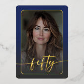 Modern Minimal Blue Foto Fiftieth Birthday Folieneinladung (Vorderseite)