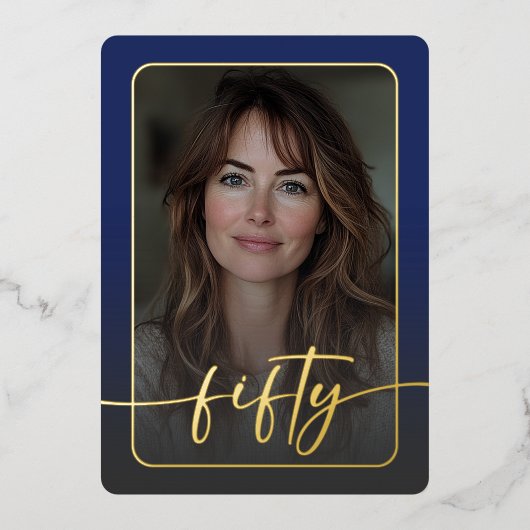 Modern Minimal Blue Foto Fiftieth Birthday Folieneinladung (Vorderseite)