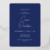 Modern Minimal Blue Foto Fiftieth Birthday Folieneinladung (Rückseite)