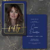 Modern Minimal Blue Foto Fiftieth Birthday Folieneinladung