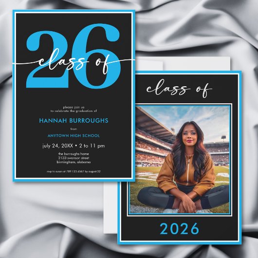 Modern Minimal Blue Script Graduation Party Einladung