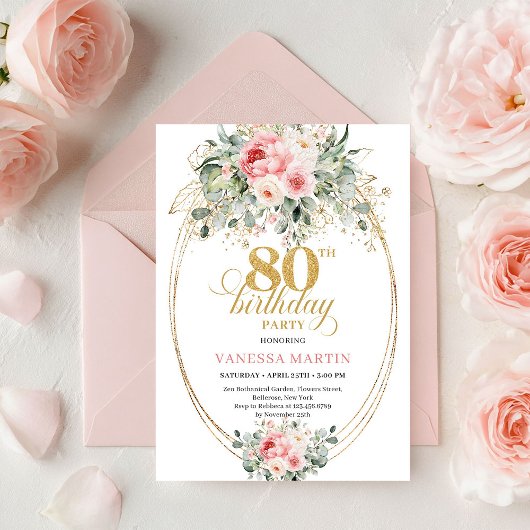 Modern Minimal Blush Floral 80th Birthday Invite  Einladung