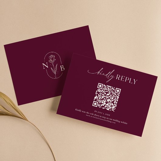 Modern Minimal Burgundy Boho Wedding QR Code RSVP Karte