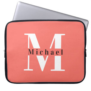 Modern Minimal Coral Initial + Name Monogram Laptopschutzhülle