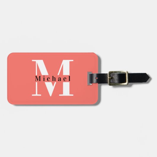 Modern Minimal Coral Monogram Name + Initial Gepäckanhänger (Vorderseite horizontal)