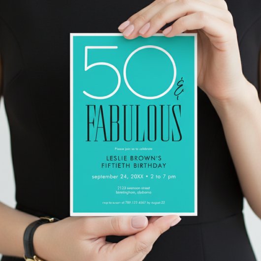 Modern Minimal Fifty Fabulous Bright Aqua Birthday Einladung