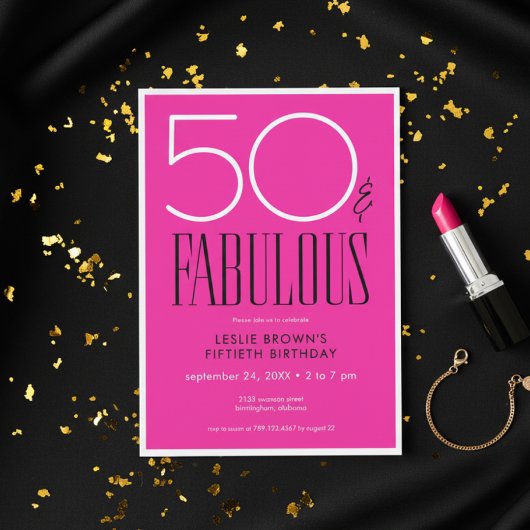 Modern Minimal Fifty Fabulous Bright Pink Birthday Einladung