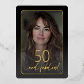 Modern Minimal Fifty Fabulous Photo Black Birthday Folieneinladung (Vorderseite)