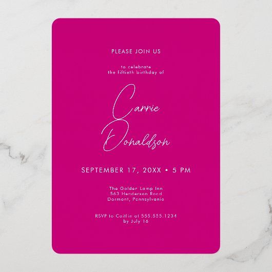 Modern Minimal Fifty Fabulous Photo Pink Birthday Folieneinladung (Rückseite)