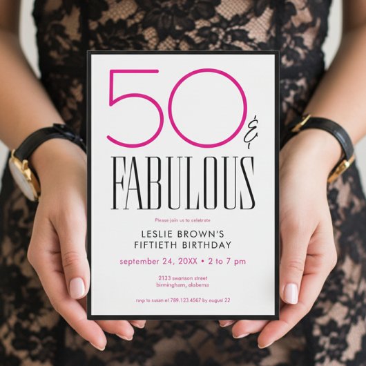 Modern Minimal Fifty Fabulous Pink White Birthday Einladung