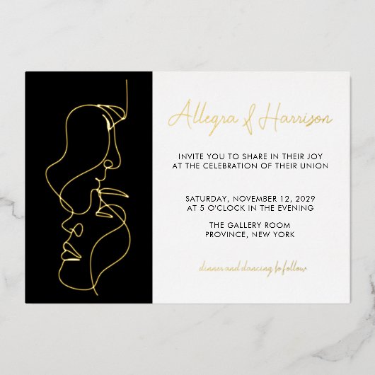 Modern Minimal Gold Black Line Art Wedding Folieneinladung (Vorderseite)