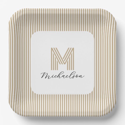 Modern Minimal Gold Stripes Monogram Pappteller (Vorderseite)