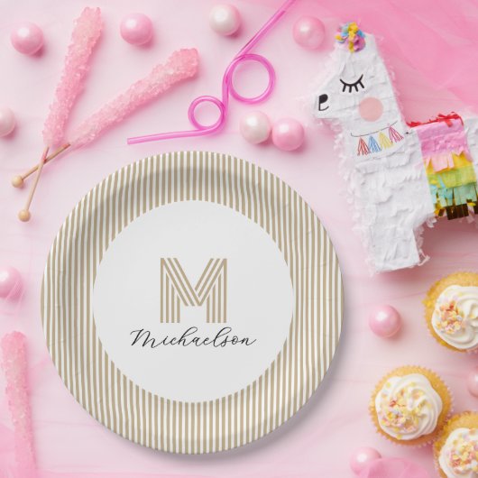 Modern Minimal Gold Stripes Monogram  Pappteller (Party)