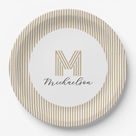 Modern Minimal Gold Stripes Monogram  Pappteller (Vorderseite)