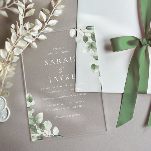 Modern Minimal Green Leaf White Wedding Acryleinladungen