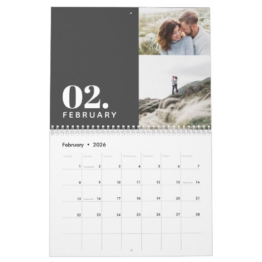 Modern minimal grey multi photo family kalender (Feb 2026)