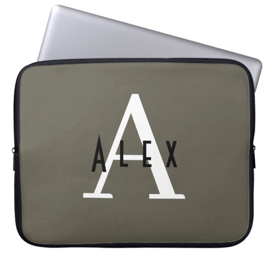Modern Minimal grün + Name Monogram Laptopschutzhülle (Vorderseite)