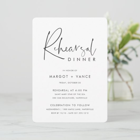 Modern Minimal Handwritten Script Rehearsal Dinner Einladung (Stehend Vorderseite)