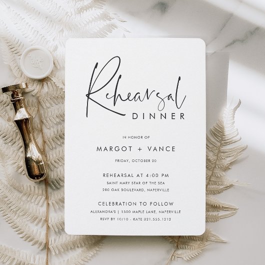 Modern Minimal Handwritten Script Rehearsal Dinner Einladung