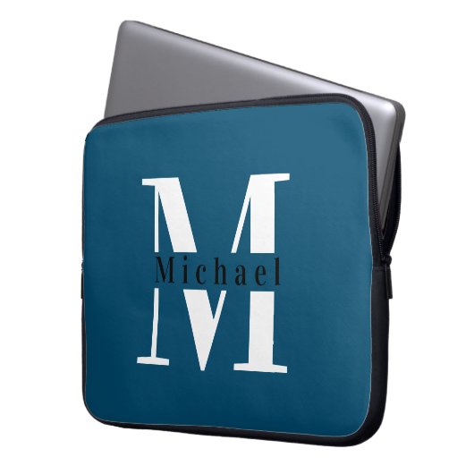 Modern Minimal Initial + Name Blue Monogram Laptopschutzhülle (Vorderseite Links)