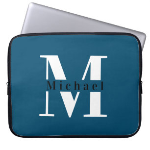 Modern Minimal Initial + Name Blue Monogram Laptopschutzhülle