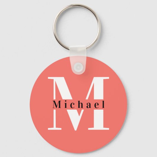 Modern Minimal Initial + Name Coral Monogram Schlüsselanhänger (Vorderseite)