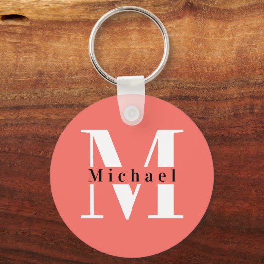 Modern Minimal Initial + Name Coral Monogram Schlüsselanhänger (Vorderseite)