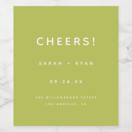 Modern Minimal Lime Green "Cheers!" Wedding Weinetikett (Einzelnes Label)