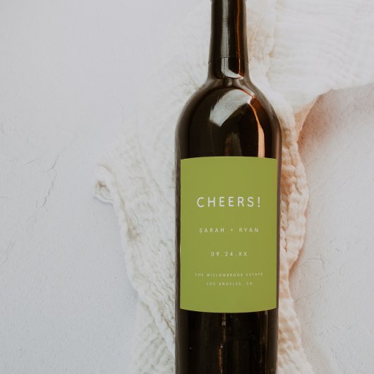 Modern Minimal Lime Green "Cheers!" Wedding Weinetikett