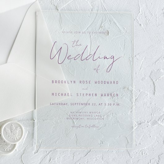 Modern Minimal Mauve Script Wedding Acryleinladungen