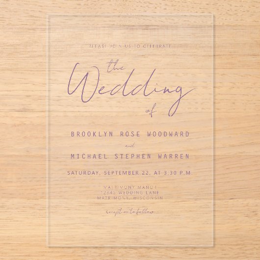 Modern Minimal Mauve Script Wedding Acryleinladungen (Vorderseite)