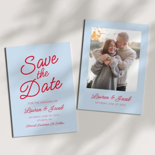 Modern Minimal Minimalist Blue and Red Wedding Save The Date