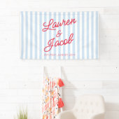 Modern Minimal Minimalist Blue Stripes Red Wedding Banner (Insitu)