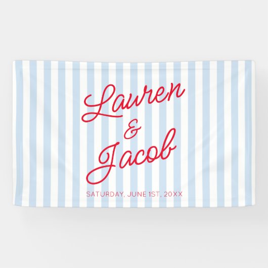 Modern Minimal Minimalist Blue Stripes Red Wedding Banner (Horizontal)