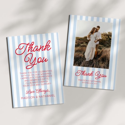 Modern Minimal Minimalist Blue Stripes Red Wedding Dankeskarte