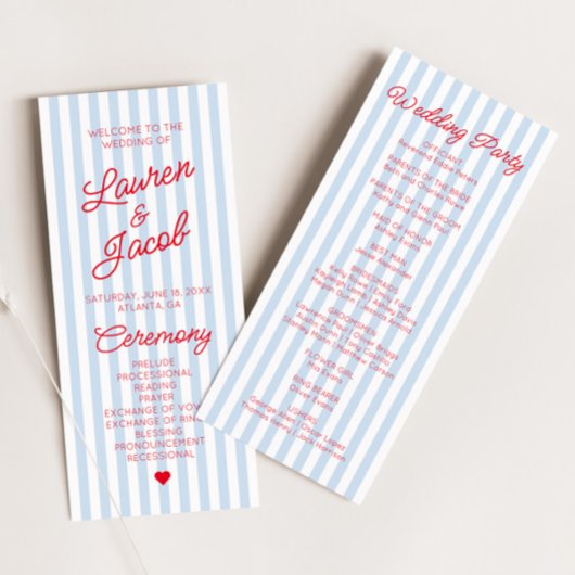 Modern Minimal Minimalist Blue Stripes Red Wedding Programm