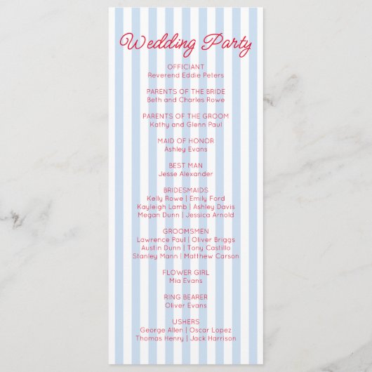 Modern Minimal Minimalist Blue Stripes Red Wedding Programm (Rückseite)