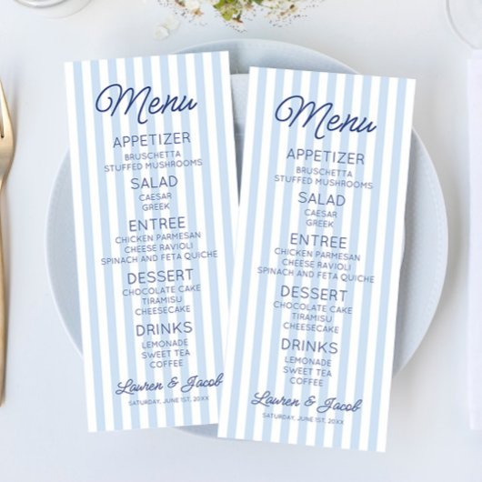 Modern Minimal Minimalist Blue Stripes Wedding Menükarte