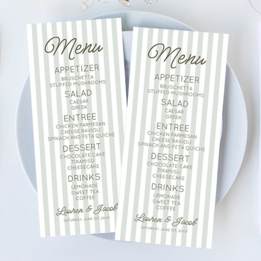 Modern Minimal Minimalist Green Stripes Wedding Menükarte