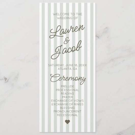 Modern Minimal Minimalist Green Stripes Wedding Programm (Vorderseite)