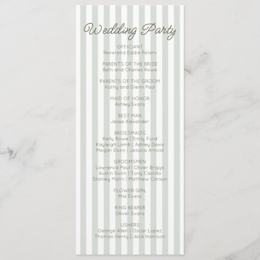 Modern Minimal Minimalist Green Stripes Wedding Programm (Rückseite)