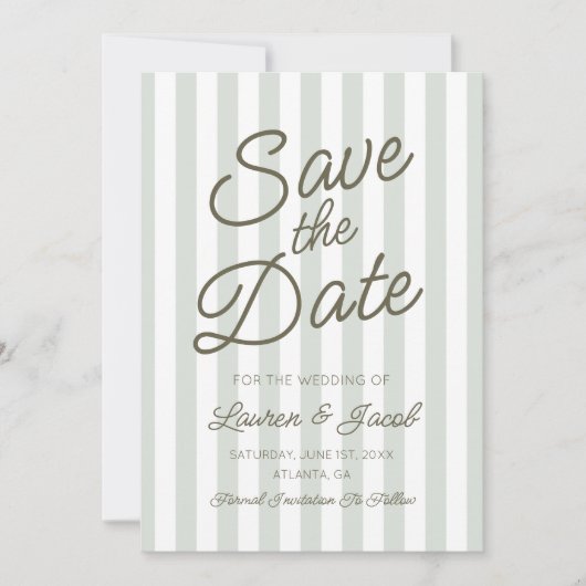 Modern Minimal Minimalist Green Stripes Wedding Save The Date (Vorderseite)